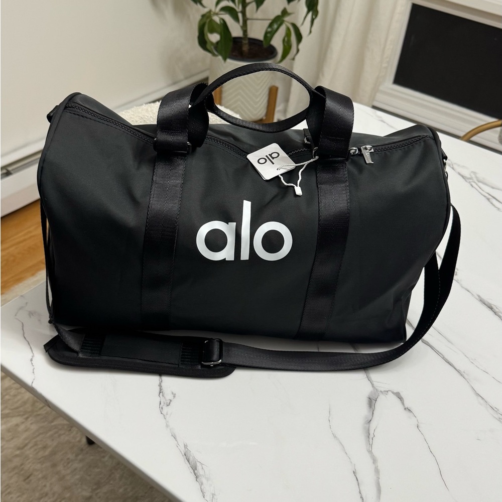 ALO Yoga Black Duffel with White Logo - Men’s Travel & Gym Bag